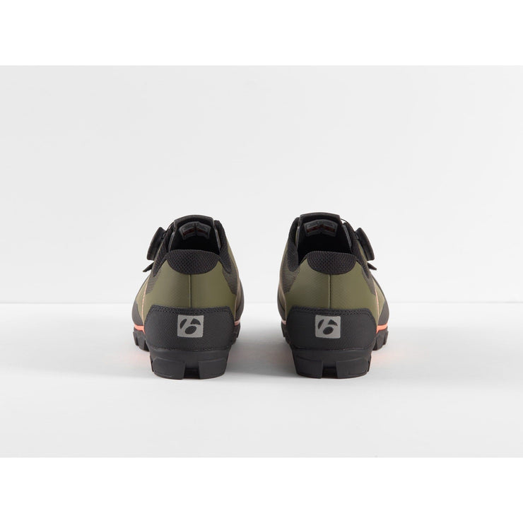 Bontrager Foray Shoe, Olive Green / Grey / Radioactive Orange, pair, heel view.