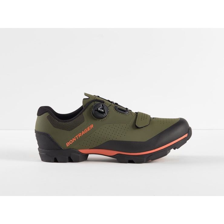 Bontrager Foray Shoe, Olive Green / Grey / Radioactive Orange, side view.