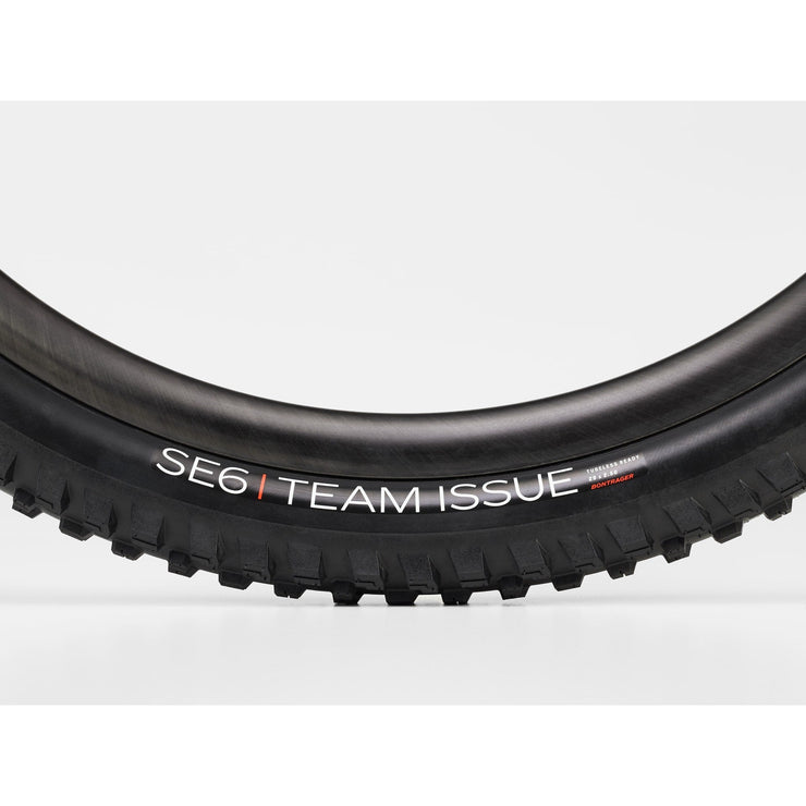 Bontrager SE6 TI 29 x 2.50 TLR Mountain Bike Tire, logo view. 