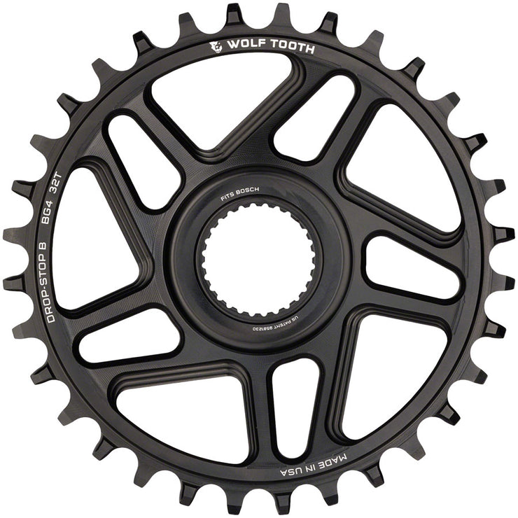 Wolf Tooth Bosch Gen 4 Direct Mount Chainring - Drop-Stop B 32T Black, front view.