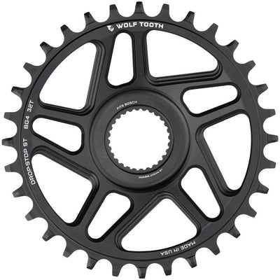 Wolf Tooth Bosch Gen 4 Direct Mount Chainring - Drop-Stop ST 34T Black, front view.
