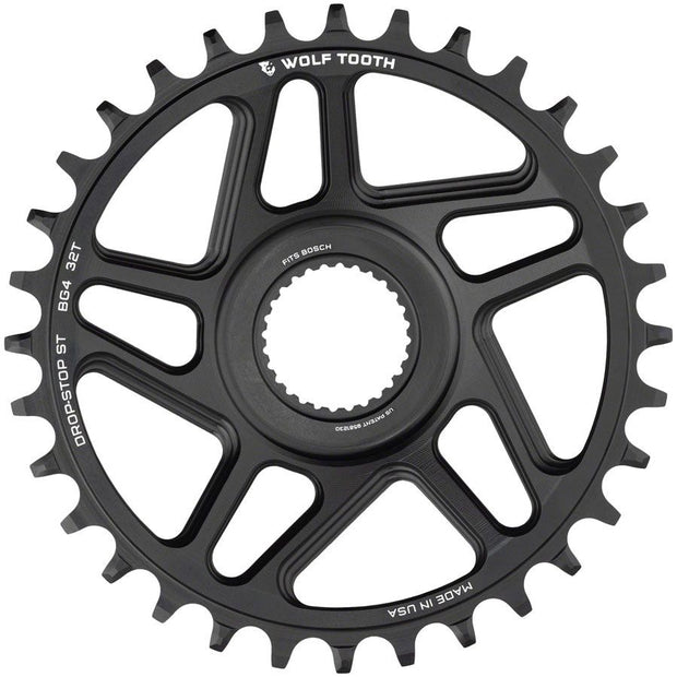 Wolf Tooth Bosch Gen 4 Direct Mount Chainring - Drop-Stop ST 34T Black, front view.