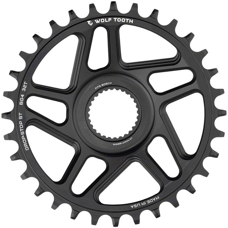 Wolf Tooth Bosch Gen 4 Direct Mount Chainring - Drop-Stop ST 34T Black, front view.