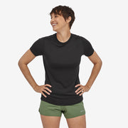 Patagonia Women's Capilene Cool Merino Shirt, black, front view on model size small.
