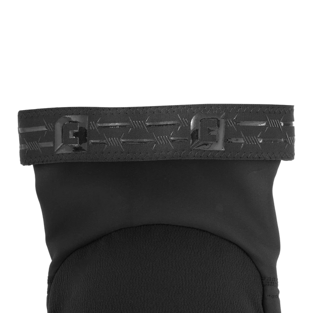 Black knee brace with patterned strap on a white background
