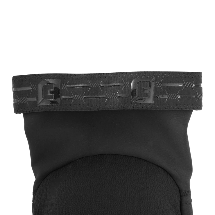 Black knee brace with patterned strap on a white background