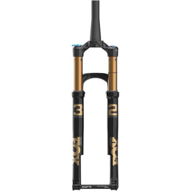 Fox 32 Factory 100mm Fork - 29” 44mm Rake, Kabolt, Grip SL, 3-Position, shiny black, back view.