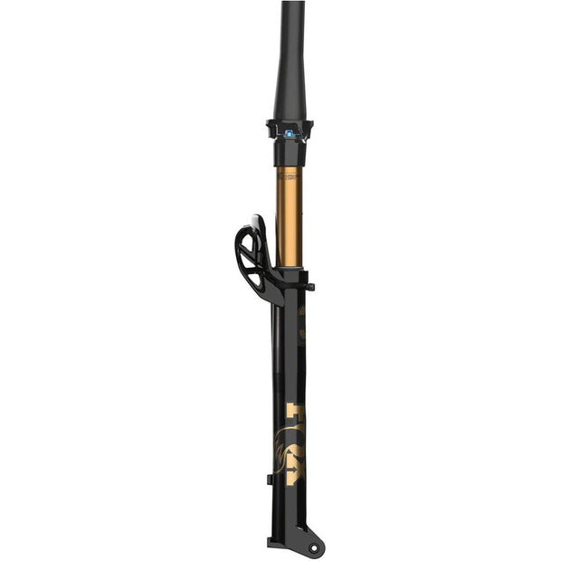 Fox 32 Factory 100mm Fork - 29” 44mm Rake, Kabolt, Grip SL, 3-Position, shiny black, side view.