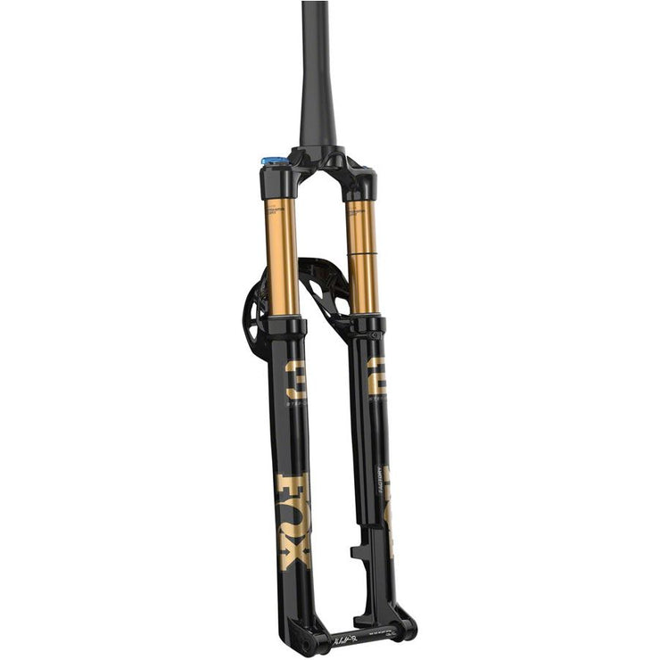 Fox 32 Factory 100mm Fork - 29” 44mm Rake, Kabolt, Grip SL, 3-Position, shiny black, back view.