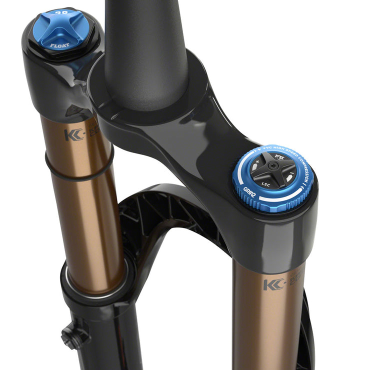 Fox 38 E-Optimized Factory Fork - 27.5”, 170 mm, 44mm Rake, Grip 2, black, crown view.