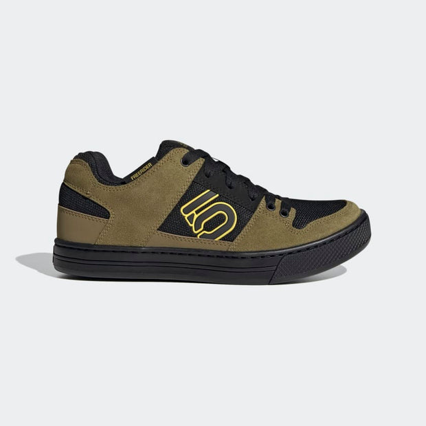 Five Ten Freerider Men’s Mountain Bike Shoe, Hazy Yellow / Wild Moss / Core Black, profile view.