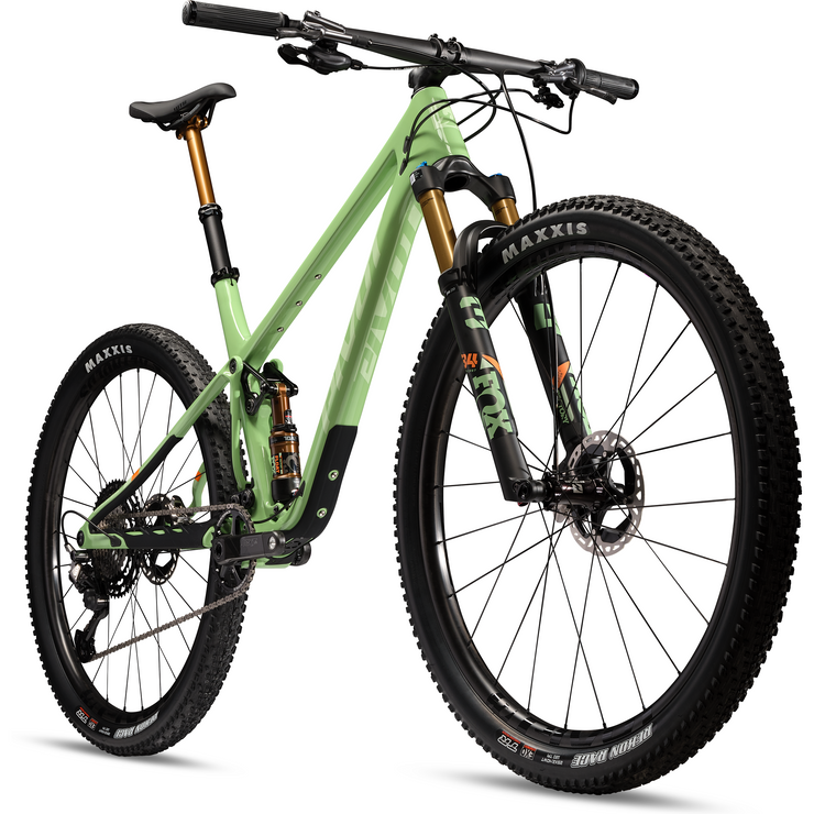 2024 PIVOT MACH 4 SL Pro X0 Eagle — XC Build, Carbon Wheels, seafoam green, downtube view.