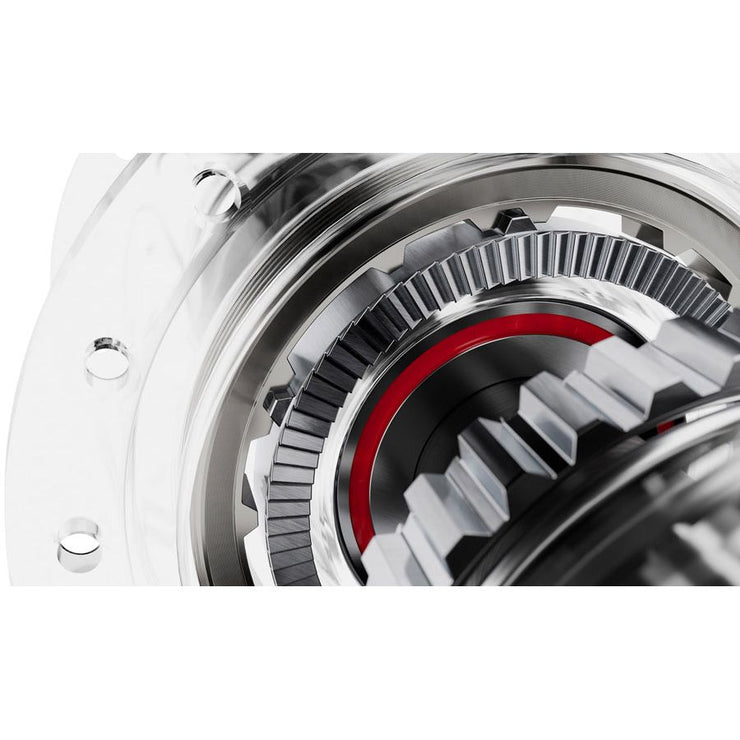 Close-up of a mechanical gear system with red accents
