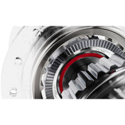 Close-up of a mechanical gear system with red accents