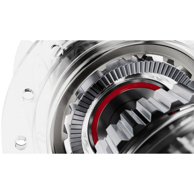 Close-up of a mechanical gear system with red accents