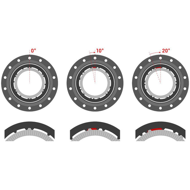 Three views of a clutch plate with labeled angles on a white background