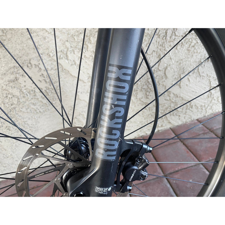 2022 Rocky Mountain Element A10, grey / black, Demo bee with BLEMS, close-up fork view.