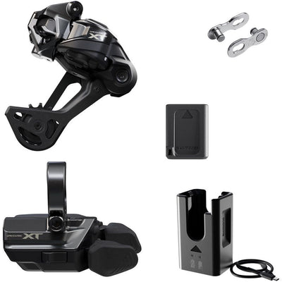 Shimano Deore XT M8250 Di2 Wireless Upgrade Kit - M8250-SGS Rear Derailleur, M8250-R Shifter, Battery, Charger, full view.