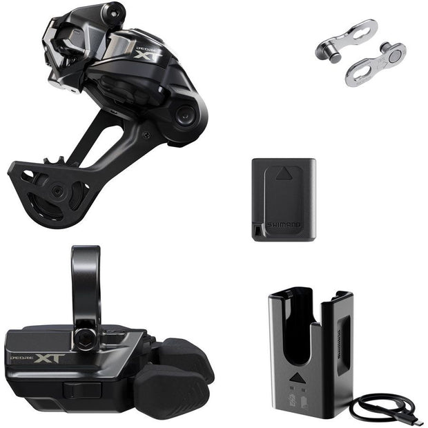 Shimano Deore XT M8250 Di2 Wireless Upgrade Kit - M8250-SGS Rear Derailleur, M8250-R Shifter, Battery, Charger, full view.