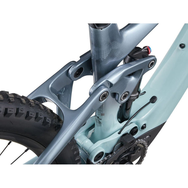 2023 Liv Intrigue X Advanced E+ EL 2 20MPH Soap Suds/Aged Denim, seat tube view.