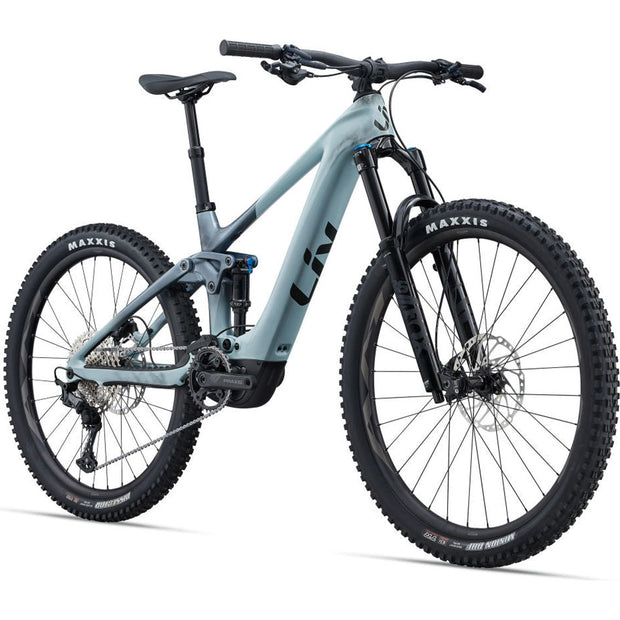 2023 Liv Intrigue X Advanced E+ EL 2 20MPH Soap Suds/Aged Denim, fork view.