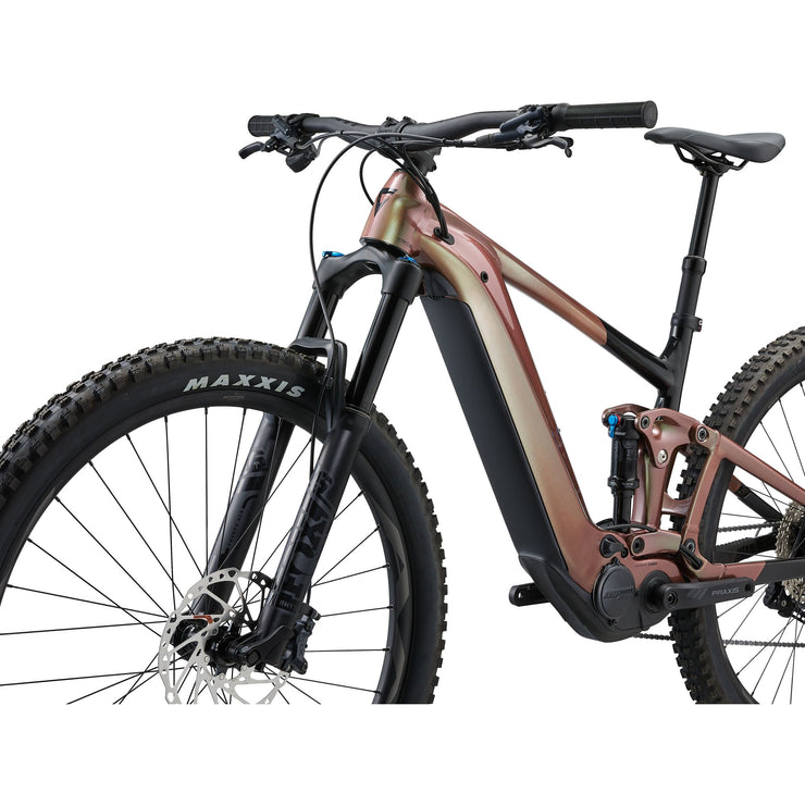 Giant Trance X E+ 2, in messier/ black, front brake view.