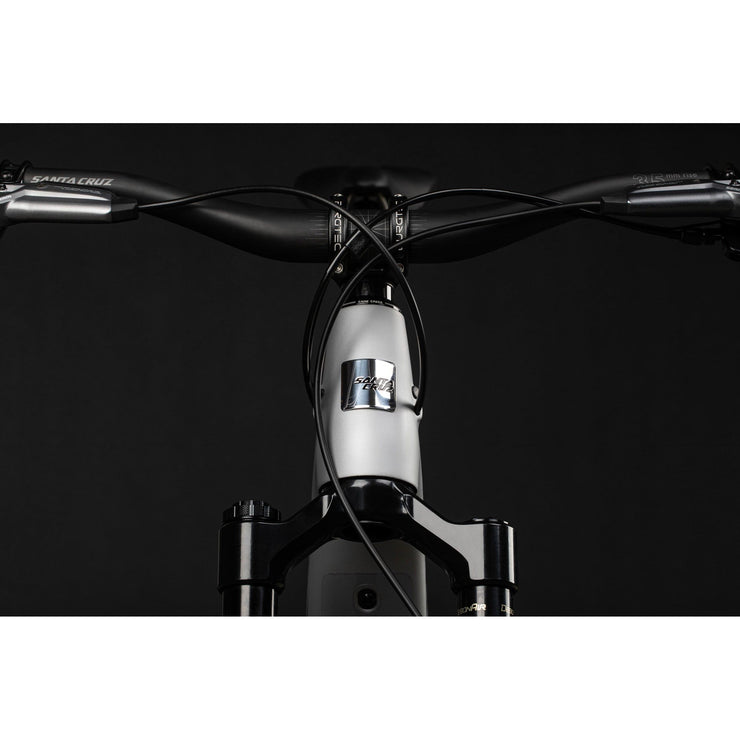 2024 Santa Cruz Heckler SL 1 C S-kit MX, matte silver, head tube view.