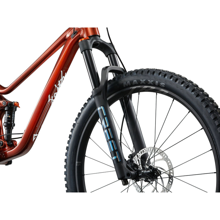 Giant Faith 27.5"/26” Kid’s Mountain Bike, copper, front brake view.