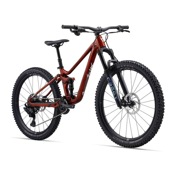 Giant Faith 27.5"/26” Kid’s Mountain Bike, copper, fork view.