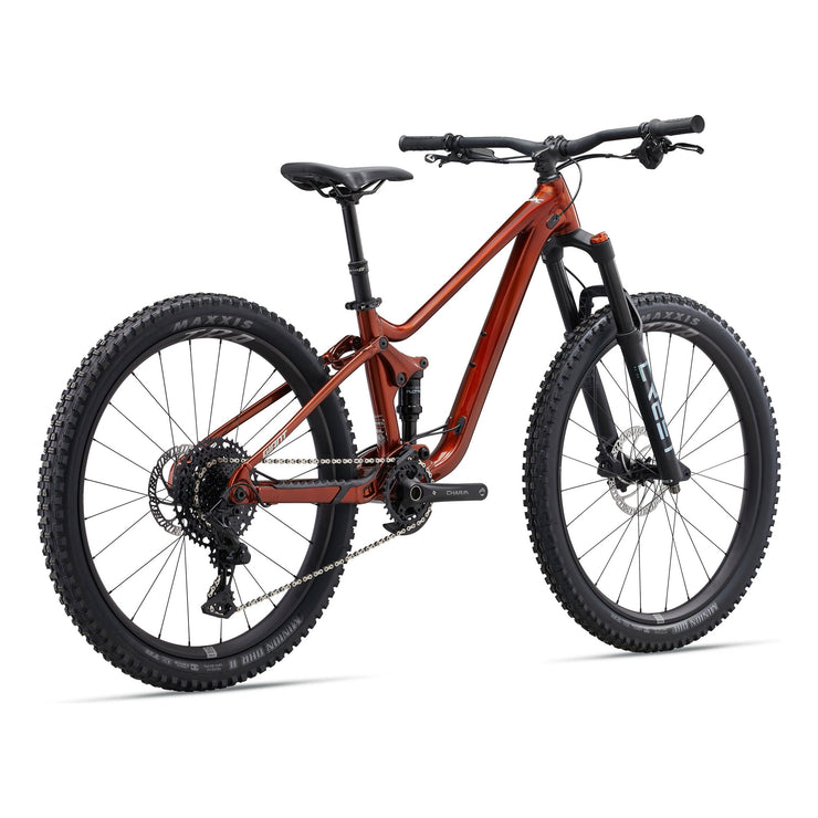 Giant Faith 27.5"/26” Kid’s Mountain Bike, copper, rear shock view.
