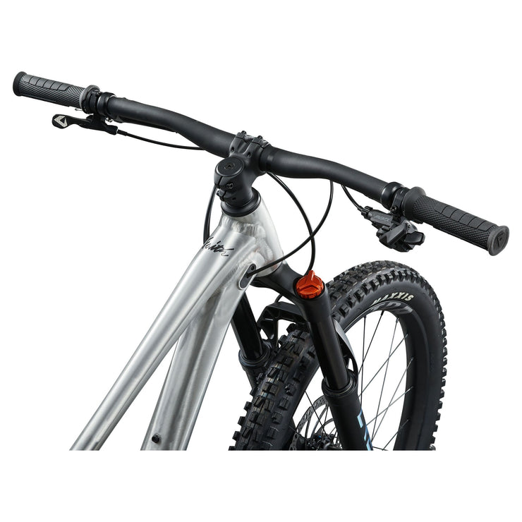 Giant Faith 24” Kid’s Mountain Bike, Raw aluminum, cockpit view.