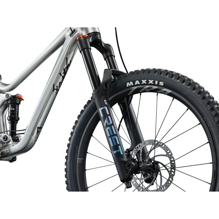 Giant Faith 24” Kid’s Mountain Bike, Raw aluminum, front wheel view.