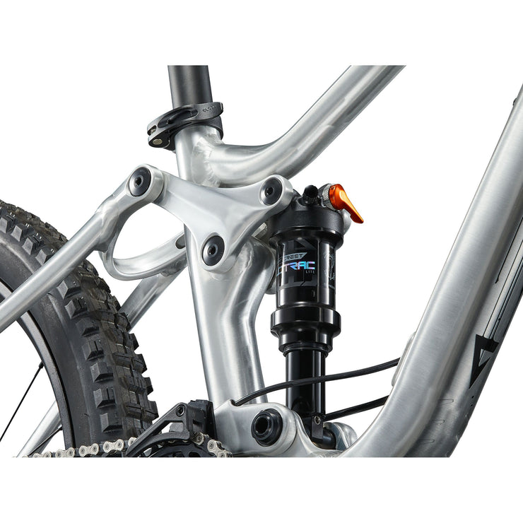 Giant Faith 24” Kid’s Mountain Bike, Raw aluminum, suspension view.