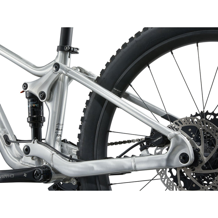 Giant Faith 24” Kid’s Mountain Bike, Raw aluminum, chainstay view.