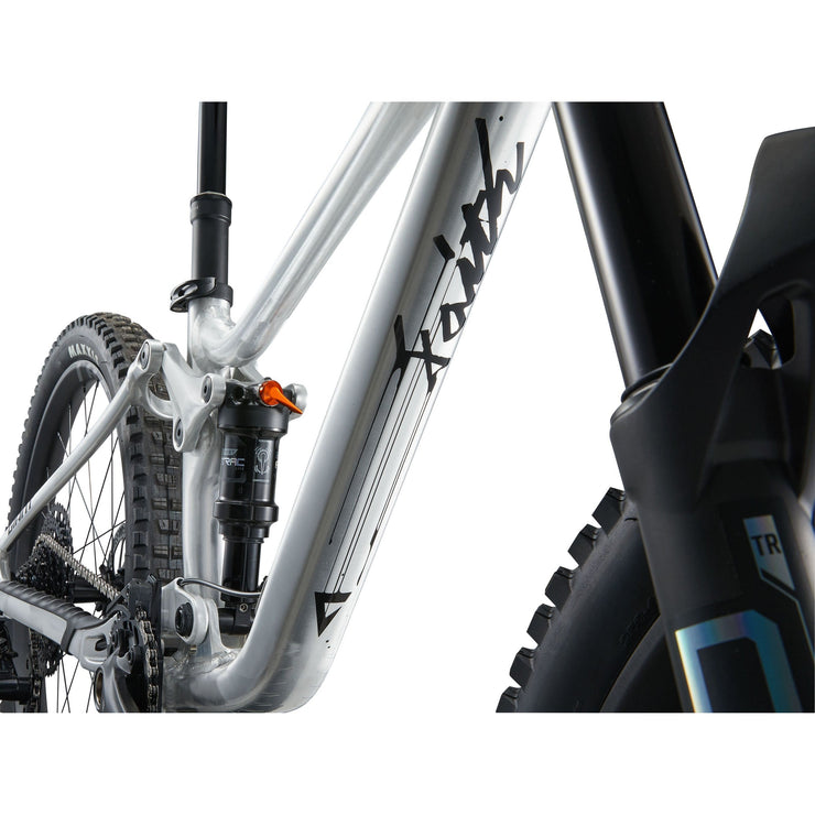Giant Faith 24” Kid’s Mountain Bike, Raw aluminum, down tube view.