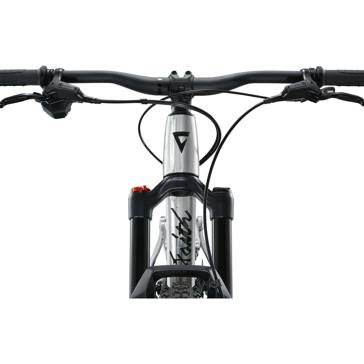 Giant Faith 24” Kid’s Mountain Bike, Raw aluminum, head-on view.