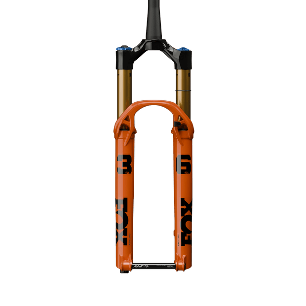 Fox 36 SL Factory Fork - 29”, 140mm, Kabolt SL, 44mm Rake, Grip X, Shiny Orange, front view.