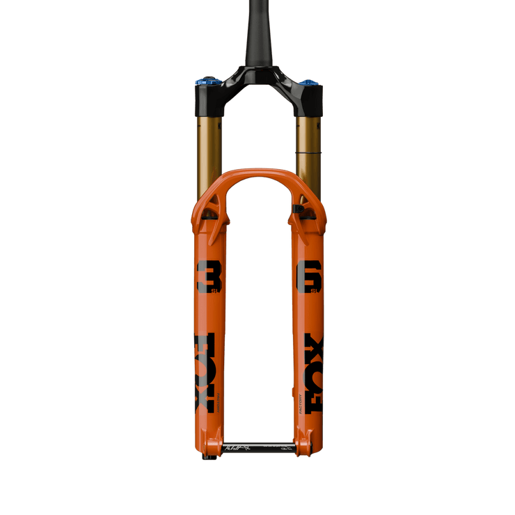 Fox 36 SL Factory Fork - 29”, 140mm, Kabolt SL, 44mm Rake, Grip X, Shiny Orange, front view.