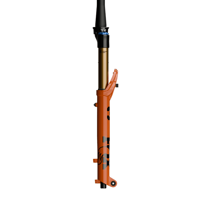 Fox 36 SL Factory Fork - 29”, 140mm, Kabolt SL, 44mm Rake, Grip X, Shiny Orange, side view.