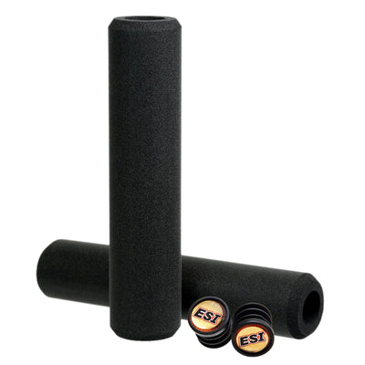 Two black foam bike grips with ESI branding on a white background