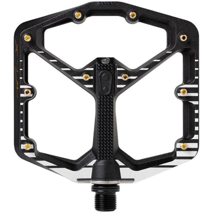 Crankbrothers Stamp 7 Fabio Wibmer Signature Edition Aluminum Platform Pedals - Black, Large, top view.