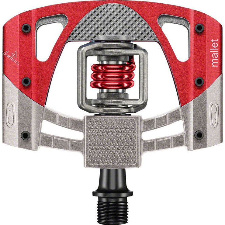 Crankbrothers Mallet 3 Dual Sided Clipless Platform Pedals - Aluminum, Raw /Red, full view.