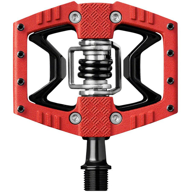 Crankbrothers Double Shot 3 Single Side Clipless/ Platform Pedals - Red/ Black, front view.