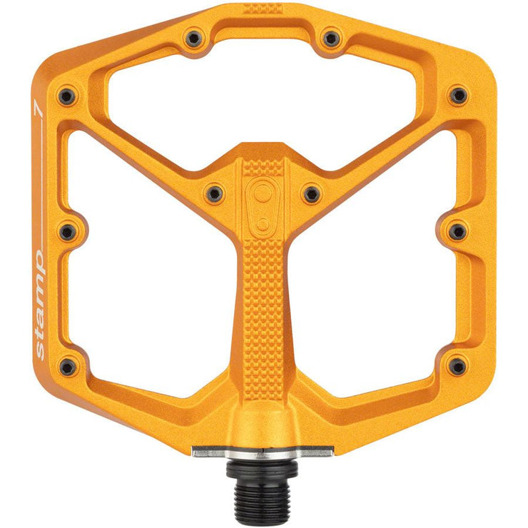 Crankbrothers Stamp 7 Aluminum Platform Pedals - Orange, Large, top view.