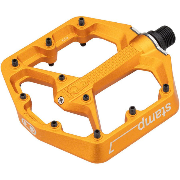 Crankbrothers Stamp 7 Aluminum Platform Pedals - Orange, Small, angled view.