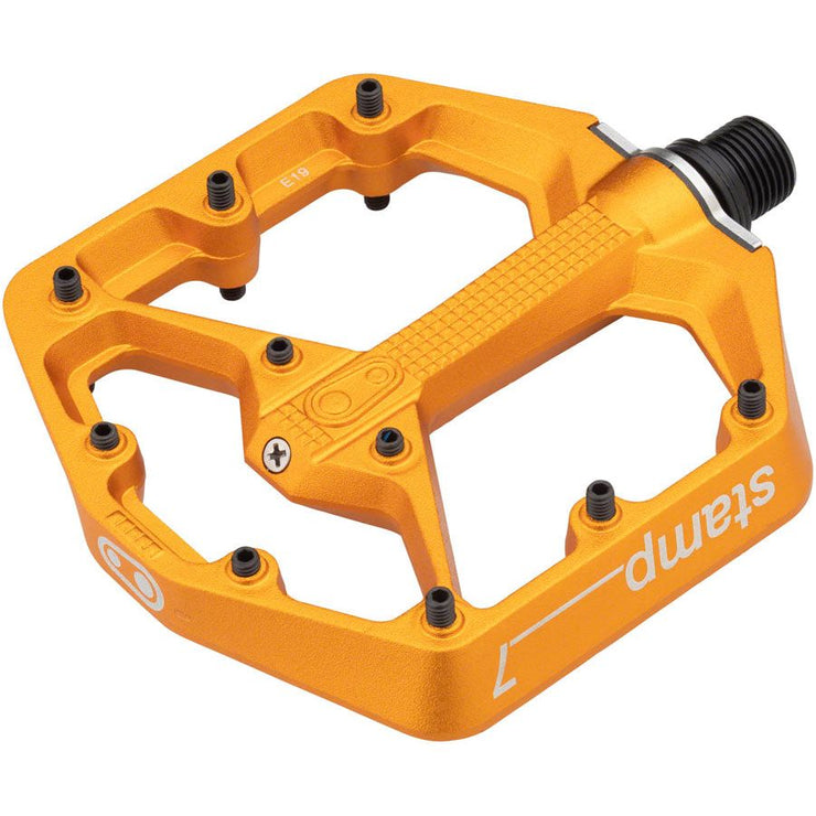 Crankbrothers Stamp 7 Aluminum Platform Pedals - Orange, Small, angled view.