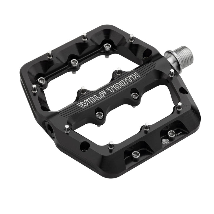 Wolf Tooth Waveform Aluminum Pedals, black, full view.
