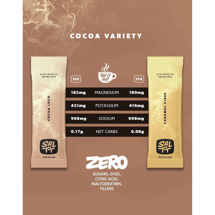 Two Sal It cocoa variety drink mix packets on a brown background with nutritional information.