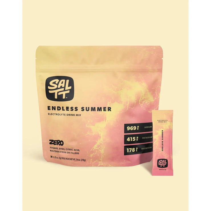 SALTT Endless Summer electrolyte drink mix package on a light yellow background