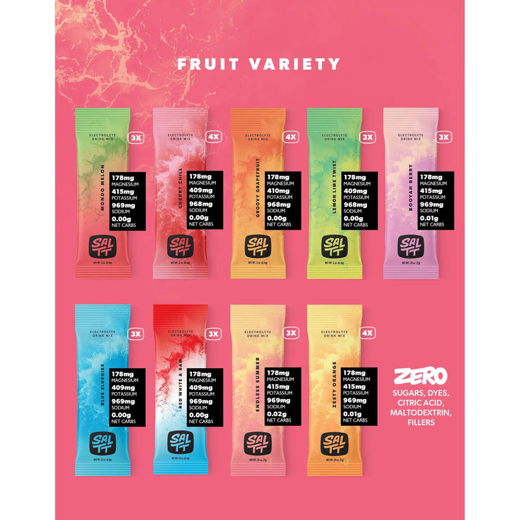 Assorted fruit variety packets on a pink background with 'Zero' allergen information.